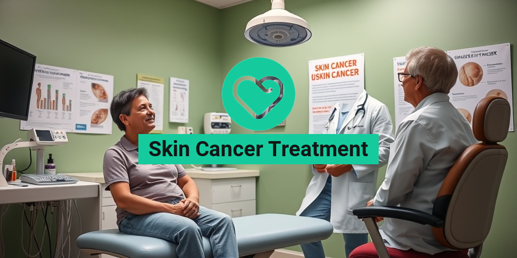 A dermatologist's office with a patient receiving skin cancer treatment, showcasing compassion and hope in a calming environment. • Yesil Health AI