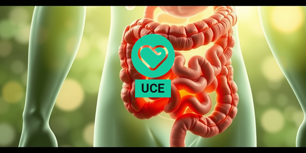 A detailed illustration of the human digestive system focusing on inflamed areas due to Ulcerative Colitis. • Yesil Health AI