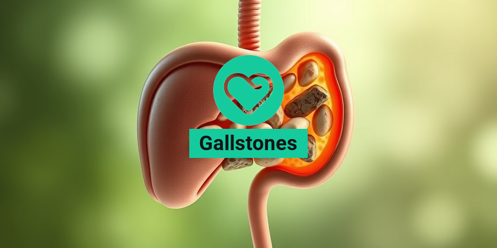 A detailed image of a human gallbladder with visible gallstones, set against a calming green and creamy white background. • Yesil Health AI