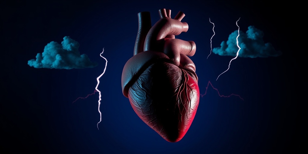 A distressed heart surrounded by stormy clouds, symbolizing complications from ventricular tachycardia in a dramatic blue atmosphere.  4.png