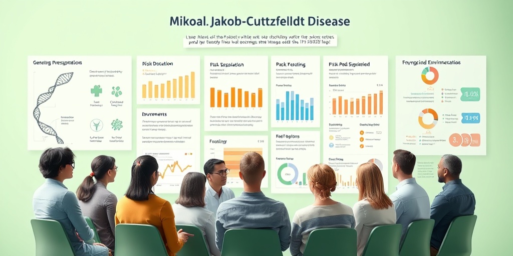 A diverse group discusses Jakob-Creutzfeldt Disease risk factors, surrounded by informative charts in a harmonious green and blue environment. 3.png