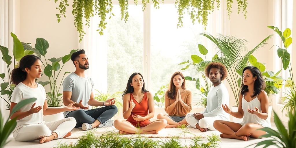 A diverse group engages in coping strategies for bipolar disorder, showcasing community and self-care in a bright, airy space.  5.png