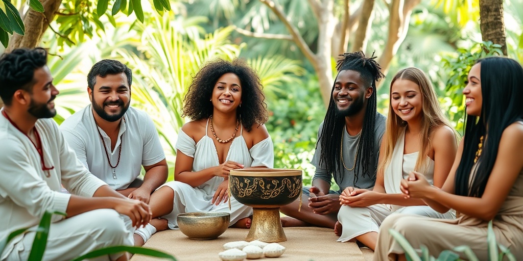 A diverse group enjoying a kava ceremony outdoors, radiating calmness and contentment in nature.  2.png