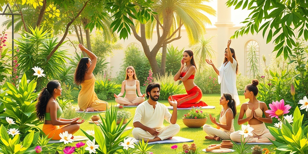 A diverse group enjoying wellness activities in a sunlit garden, showcasing the positive effects of Ayurveda on health.  3.png