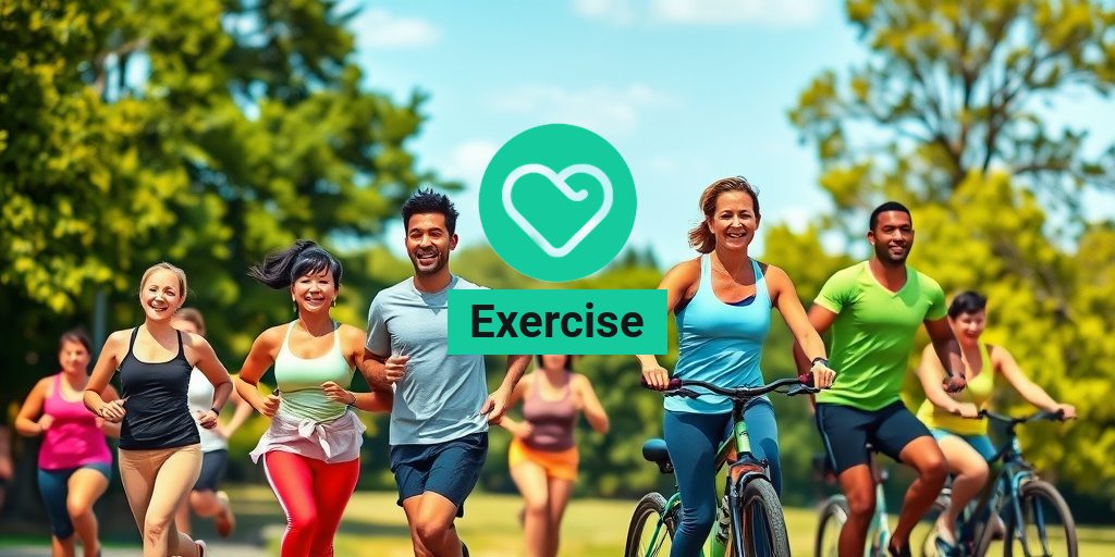 A diverse group exercises in a sunlit park, showcasing joy and vitality through jogging, yoga, and cycling. β’ Yesil Health AI