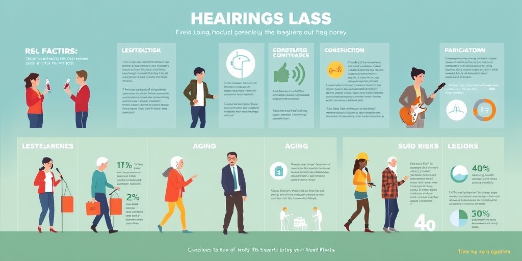 A diverse group illustrates hearing loss risk factors, engaging in activities like loud music and construction. 3.png