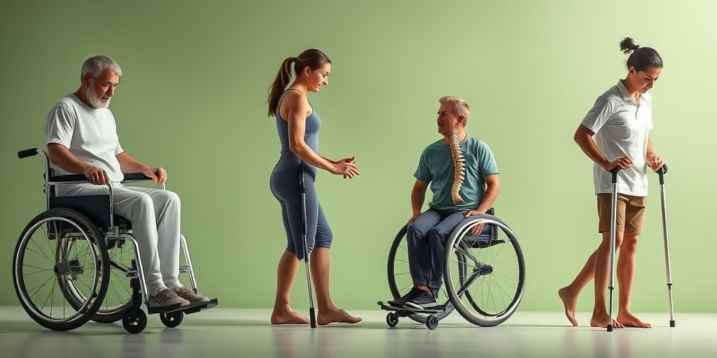A diverse group illustrates spinal cord injury symptoms, featuring individuals in wheelchairs and therapy, set in a soothing green and white backdrop.  2.png