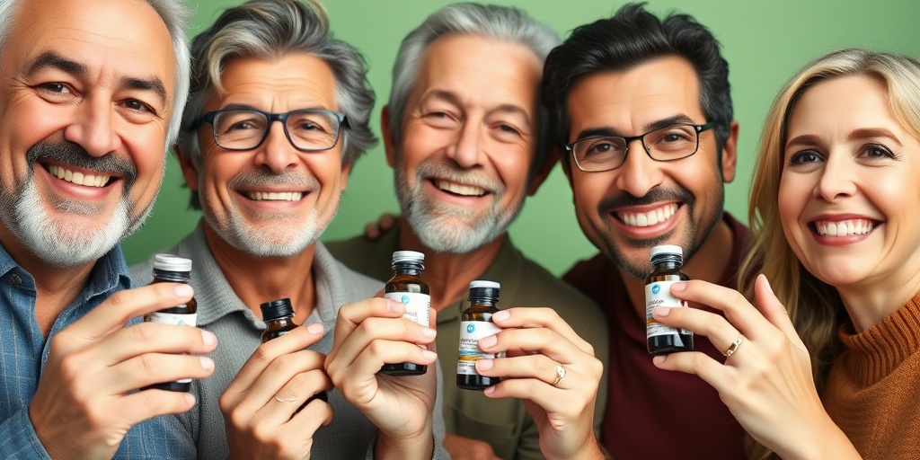 A diverse group of individuals holding homeopathic remedies, showcasing relief and community support against a soft green backdrop.  3.png