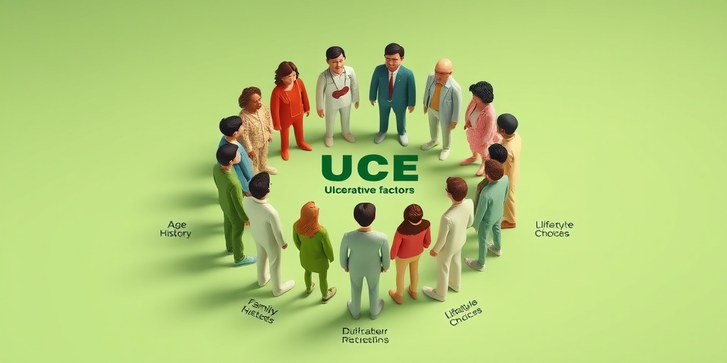A diverse group of individuals symbolizes various risk factors for Ulcerative Colitis in a circular formation.  3.png