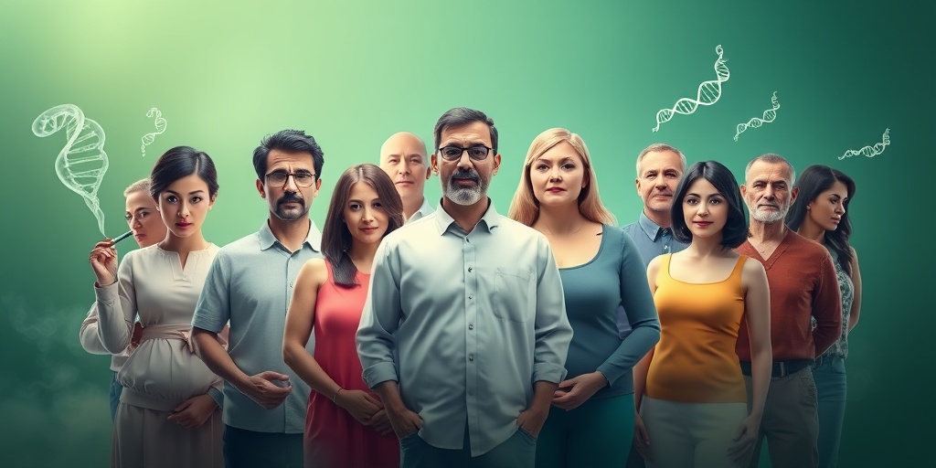 A diverse group representing RCC risk factors, positioned in a circle with visual cues like smoke and DNA strands.  3.png