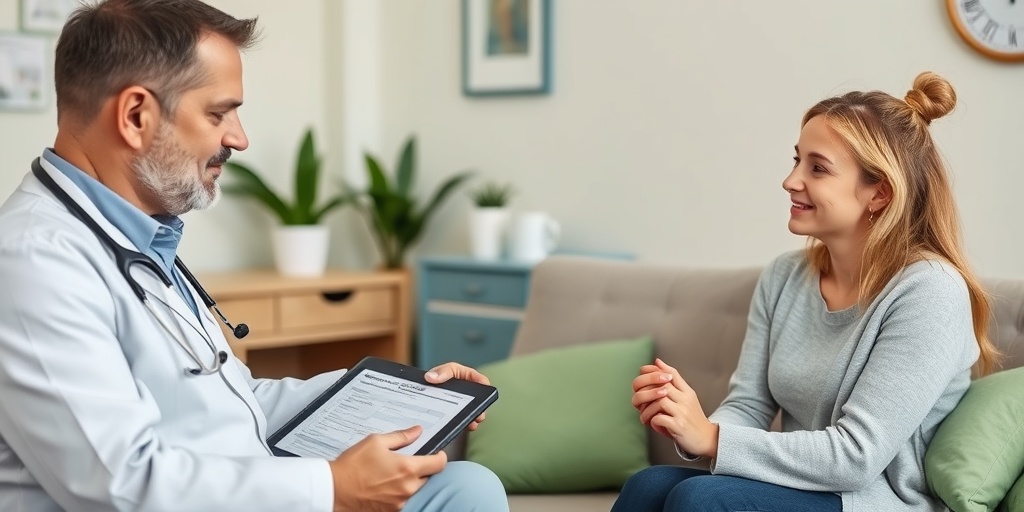 A doctor and concerned parent review treatment options on a tablet in a cozy clinic, fostering a supportive atmosphere.  4.png