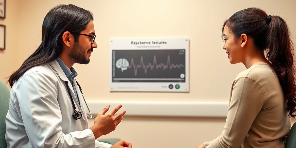 A doctor discusses absence seizures with a parent in a warm examination room, pointing to a brain activity chart.  4.png