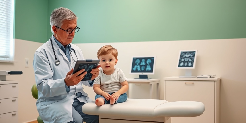 A doctor examines a child on an examination table, using a tablet in a well-lit, welcoming medical room.  3.png