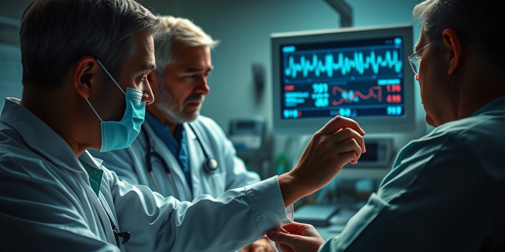 A doctor examines a patient, with vital signs displayed, capturing the tension and focus of the clinical setting.4.png