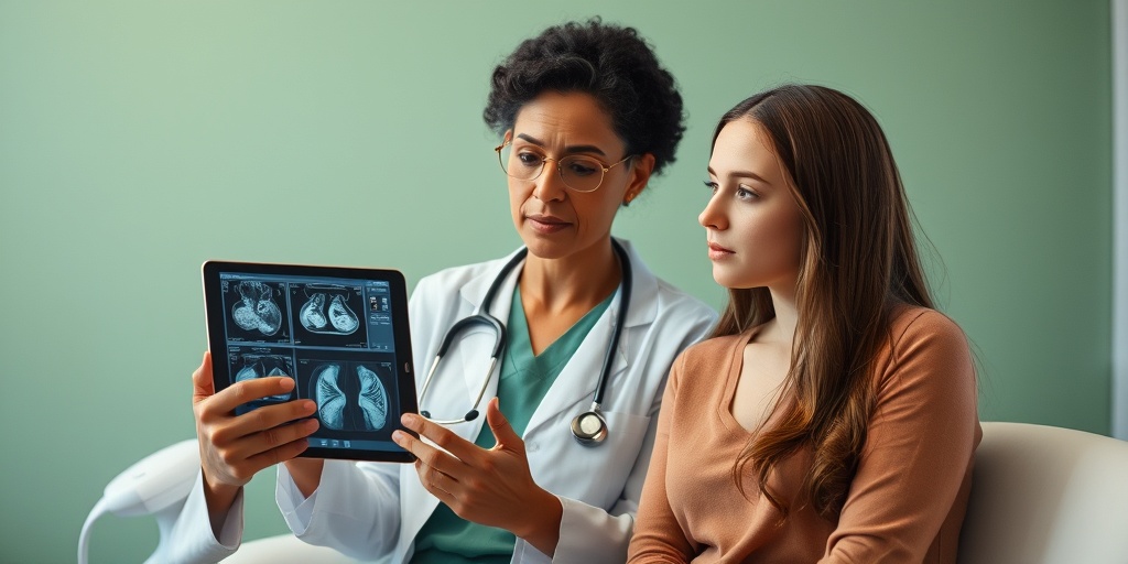 A doctor explains breast health complexities to a patient using a tablet, set in a calming consultation room.  4.png