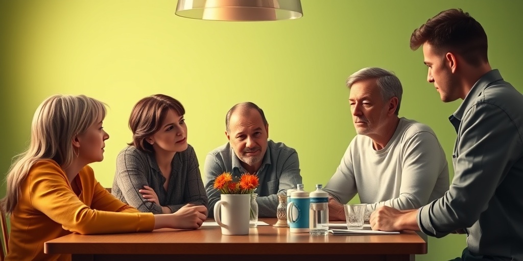 A family discusses genetic testing around a table, expressions reflecting concern and hope in a calming green setting.  3.png