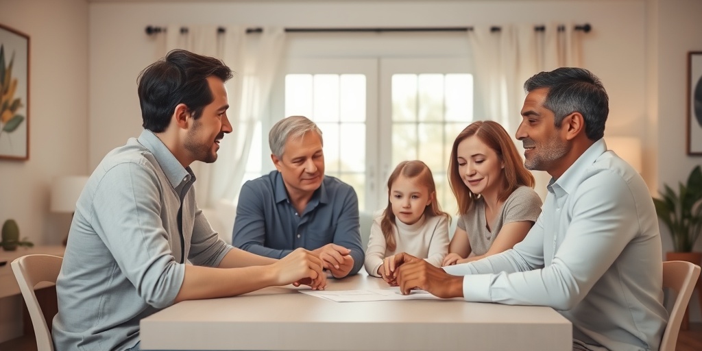 A family discusses genetic testing at a table, their expressions reflecting concern and hope in a modern, inviting home.  3.png