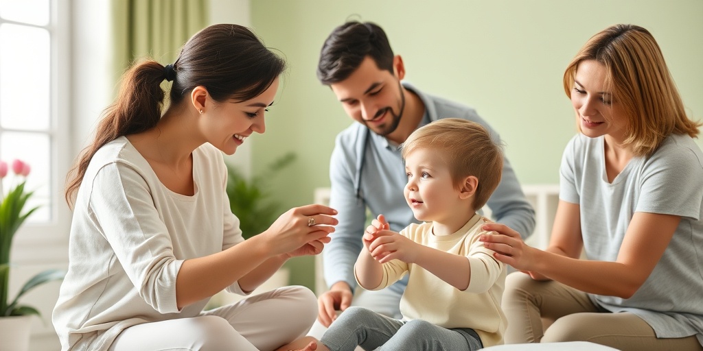 A family engages in a therapy session, with a therapist guiding exercises in a bright, inviting space symbolizing growth.  4.png
