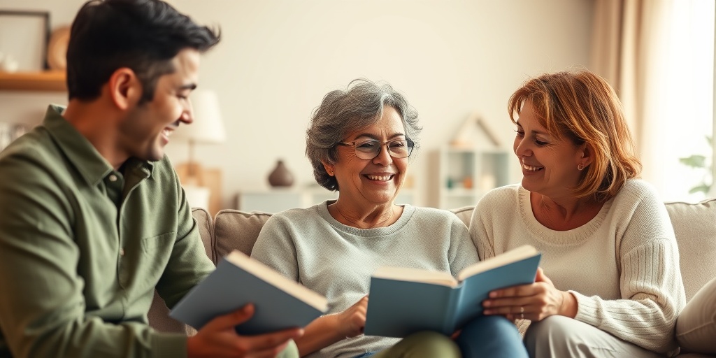 A family gathers in a cozy living room, supporting a loved one with MCTD, radiating warmth and resilience.  5.png