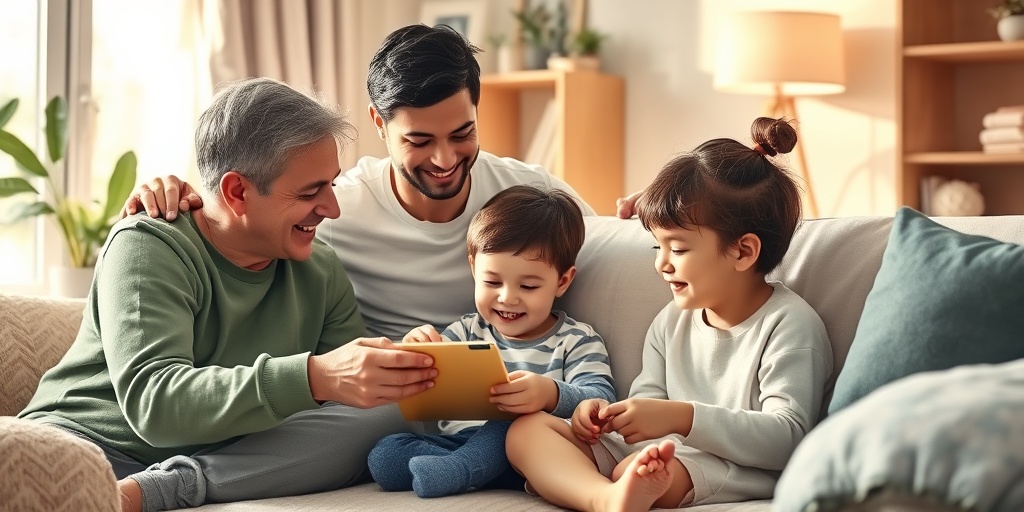 A family joyfully engaging with a child affected by Globoid Cell Leukoencephalopathy, showcasing love and support in a cozy home.  4.png