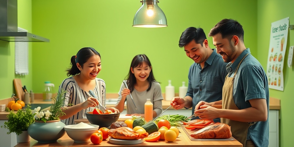 A family joyfully prepares an iodine-rich meal in a vibrant kitchen, emphasizing goiter prevention.  5.png