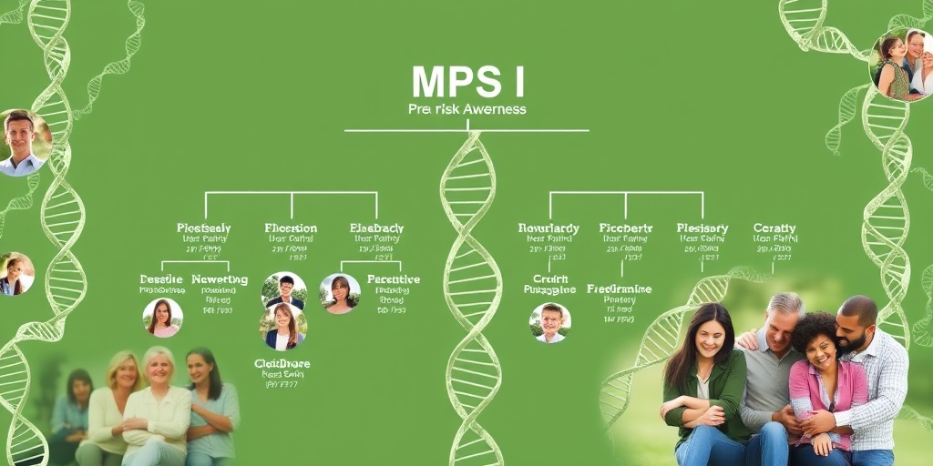 A family tree diagram intertwined with DNA strands, highlighting genetic factors of MPS I in a serene environment.  3.png