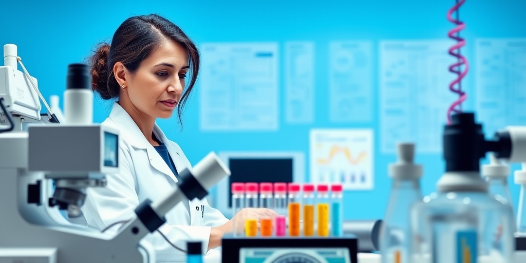 A focused scientist analyzes genetic samples in a bright laboratory, emphasizing research on breast cancer genetics.  3.png