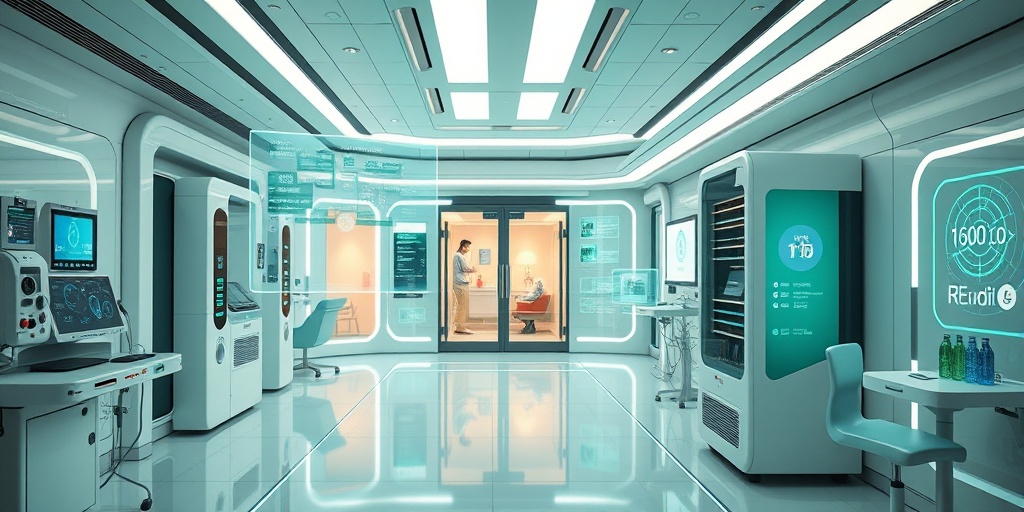A futuristic hospital showcases advanced blood transfusion technology, featuring holographic displays and a vibrant, innovative color palette.  5.png