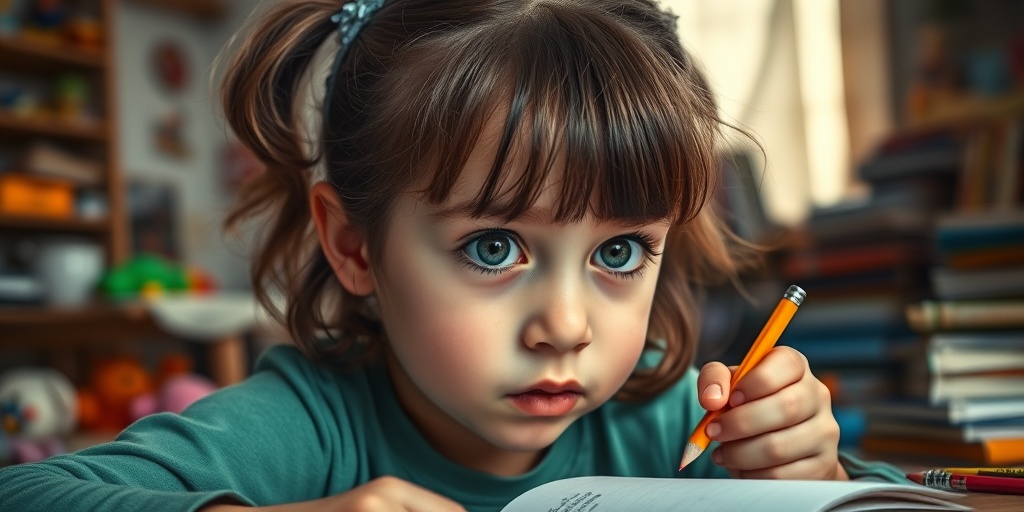 A girl fidgets with a pencil, showing curiosity and frustration while trying to focus on her homework.2.png