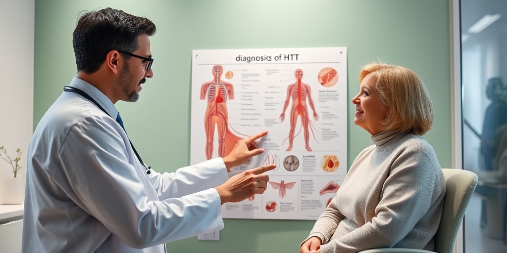 A healthcare professional discusses HHT diagnosis with a patient, pointing to an anatomical chart in a modern, soothing medical office.3.png