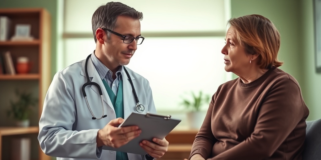 A healthcare professional discusses a diagnosis with a patient in a warm office, emphasizing understanding and compassionate support.  4.png