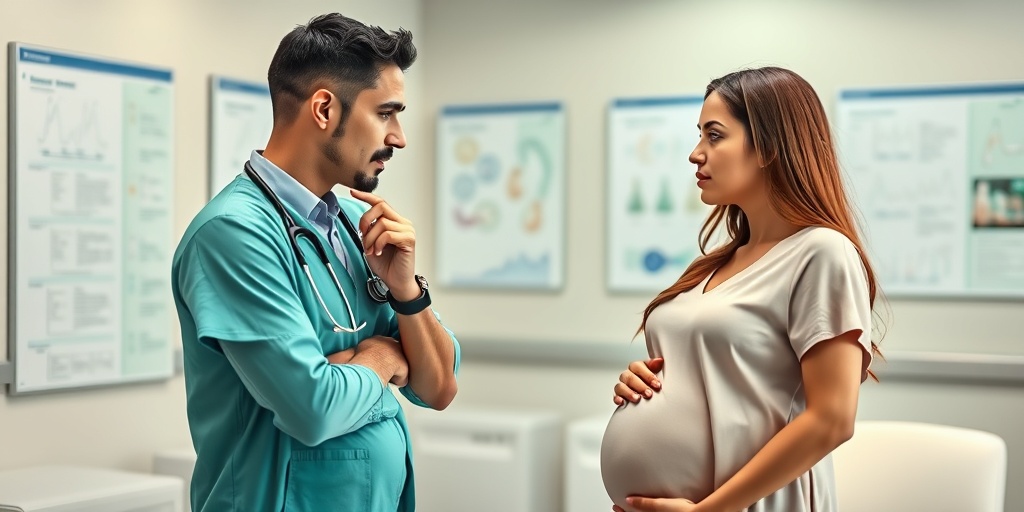 A healthcare professional discusses cervical health risks with a pregnant patient in a modern clinic, conveying care.  3.png