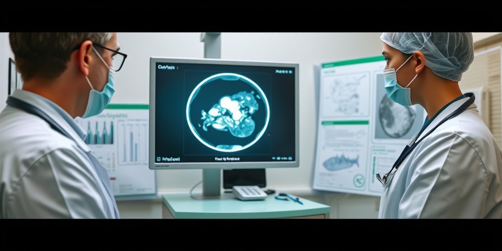 A healthcare professional examines a CT scan, emphasizing the diagnosis process for Extragonadal Germ Cell Tumors.  3.png