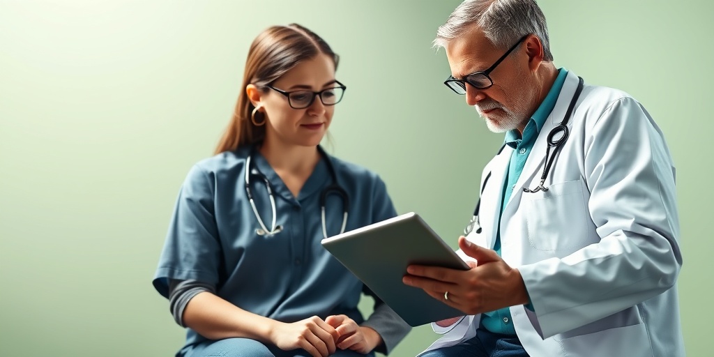 A healthcare professional examines a patient for MCTD, using a stethoscope and reviewing digital lab results in a calming environment.  3.png
