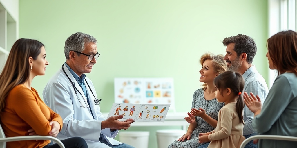 A healthcare professional explains autism treatment options to a curious family in a bright clinic.4.png