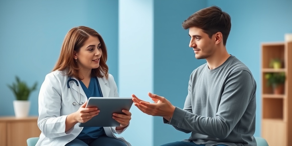 A healthcare professional explains hereditary benign tremor symptoms to a young adult patient in a modern clinic.  2.png