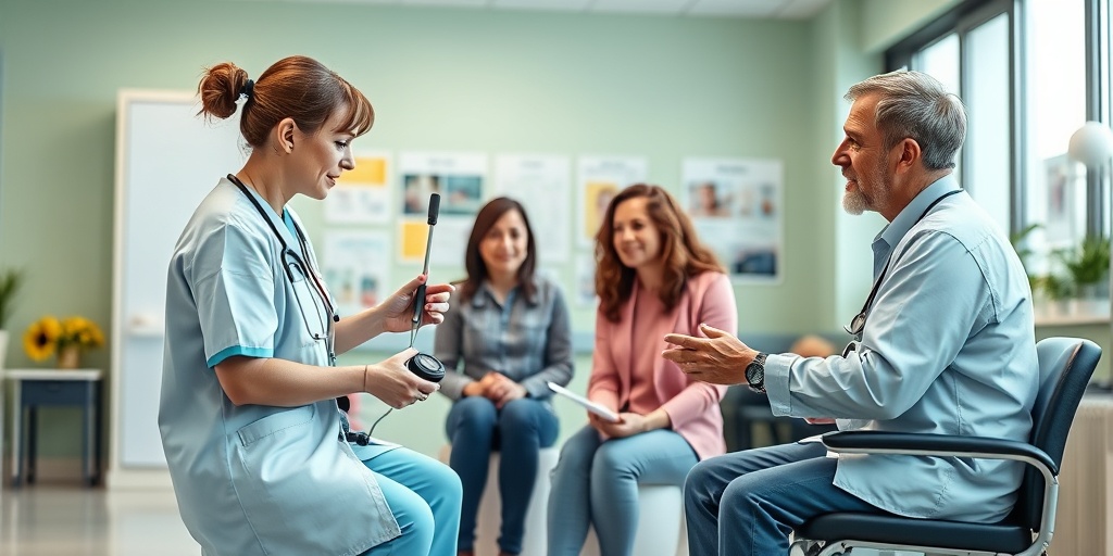 A healthcare professional explains treatment options to a family in a bright clinic, emphasizing collaboration and comprehensive care.  4.png