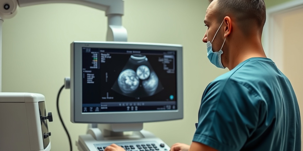 A healthcare professional performs an ultrasound, focusing on gallstones displayed on the machine, with a bright and clinical atmosphere. 3.png