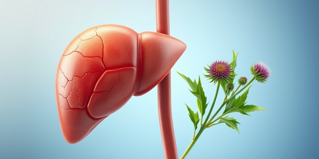 A healthy liver depicted with vibrant milk thistle plants, symbolizing their connection to liver health in warm colors. 4.png