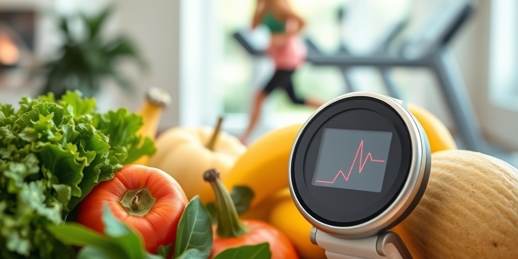 A heart rate monitor displays a steady heartbeat, surrounded by fresh fruits, symbolizing exercise's health benefits.  2.png