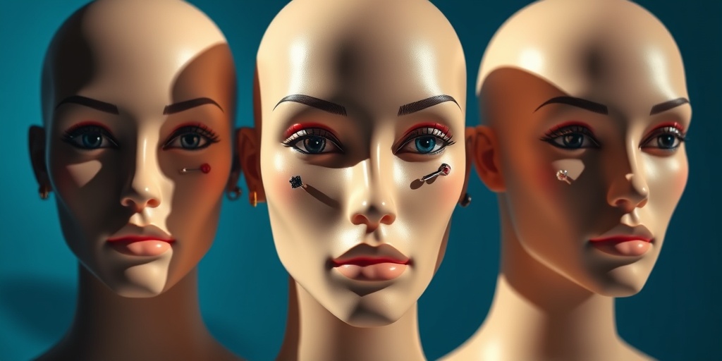 A mannequin head displays diverse piercings, illuminated by cinematic lighting against a calming blue backdrop.  2.png