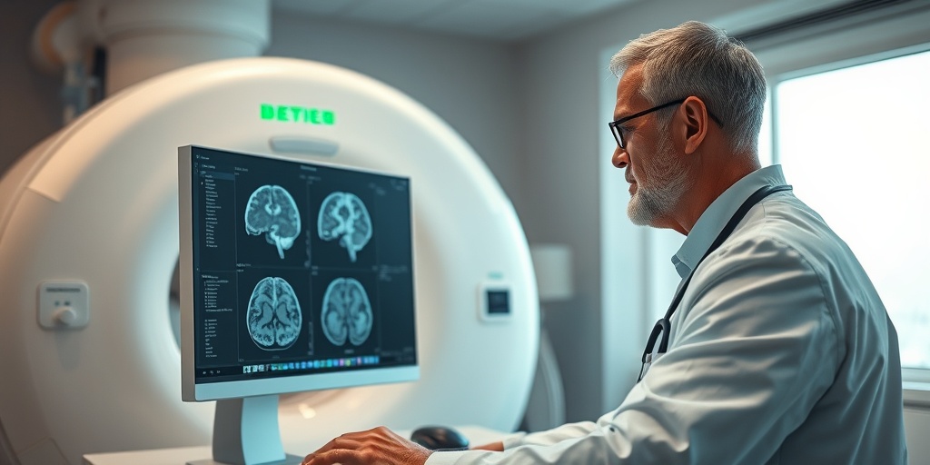 A medical professional analyzing brain scans for Alobar Holoprosencephaly in a modern office with advanced imaging equipment. 3.png