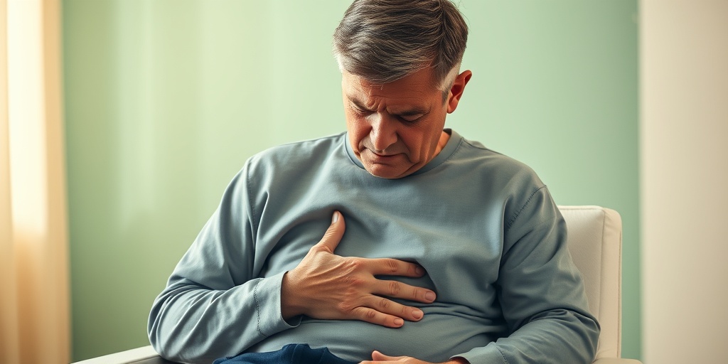 A middle-aged patient in a clinical setting, expressing pain while holding their abdomen, surrounded by soft, empathetic colors.  2.png