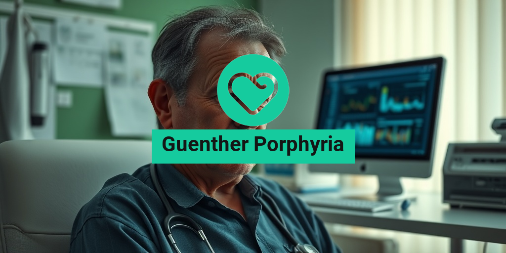 A middle-aged patient sits in a doctor's office, displaying signs of Guenther Porphyria with a pained expression. • Yesil Health AI