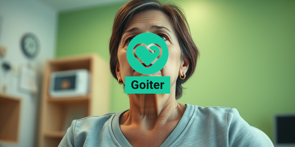 A middle-aged woman with a goiter sits in a medical office, expressing concern about her health. • Yesil Health AI