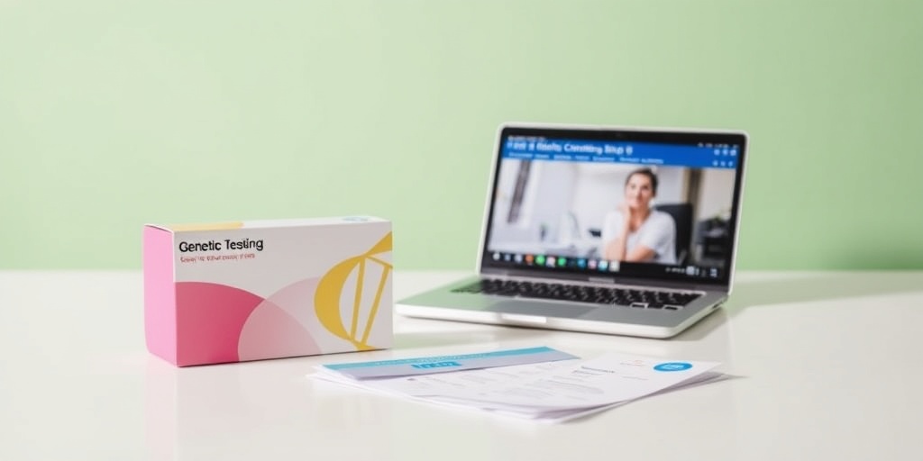 A modern genetic testing kit displayed alongside informative pamphlets, highlighting options for breast cancer risk assessment.  4.png