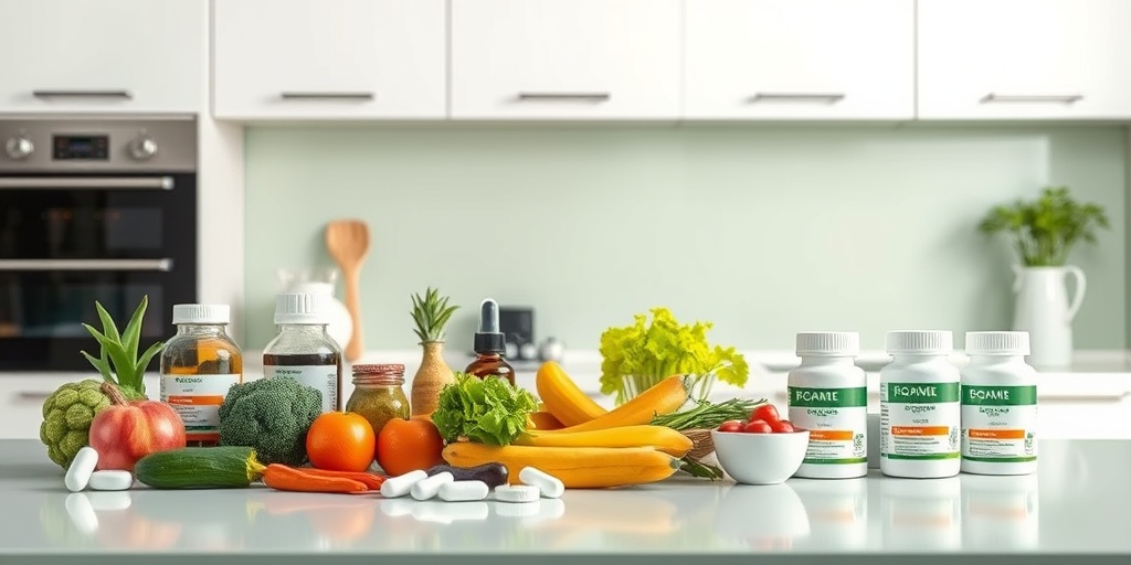 A modern kitchen scene displaying medications and healthy food choices for IgA Nephropathy treatment, illuminated with bright, uplifting lighting.4.png