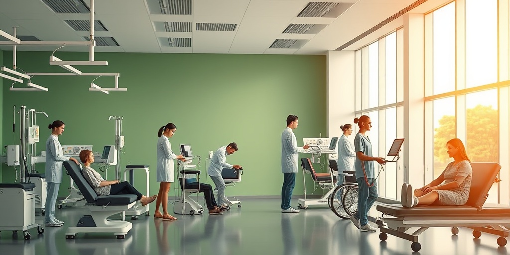 A modern rehabilitation center scene shows advanced treatments for spinal cord injury, with therapists and patients in a calming green and white setting.  4.png
