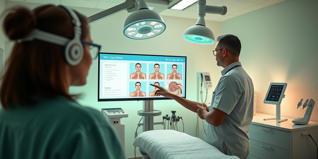 A modern treatment room with advanced equipment, where a patient discusses skin cancer options with a healthcare professional.  4.png