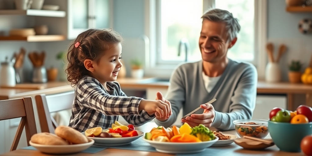 A parent encourages a child to try healthy foods, creating a nurturing atmosphere filled with natural light.  4.png